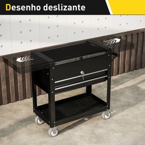 Carrinho de Ferramentas com Rodas Carrinho de Oficina Móvel com Tampa Deslizante 2 Gavetas com Fecho Bandeja 77,5–130x38x80 cm Preto