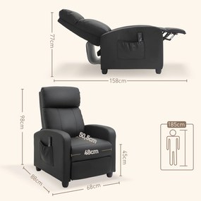 Poltrona de Massagem Reinclinável com Controlo Remoto 2 Áreas de Massagem 8 Programas 5 Níveis 68x88x98 cm Preto