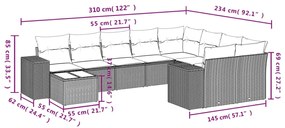 10 pcs conjunto sofás de jardim c/ almofadões vime PE cinzento