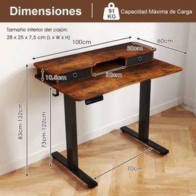 Secretária elétrica com pé 100 x 60 cm com 2 gavetas, altura ajustável e suporte para monitor Castanha