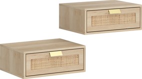 HOMCOM Conjunto de 2 Mesas de Cabeceira Flutuantes com Gaveta de Vime Poupa Espaço Design Moderno 40x30x15 cm Carvalho | Aosom Portugal