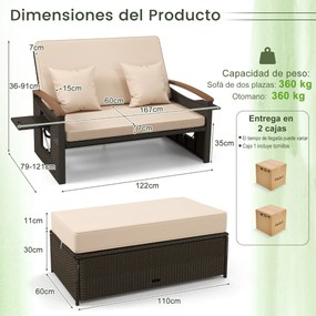 Sofá-cama de rattan para exterior com apoio para os pés com arrumação Encosto ajustável em 4 níveis e tabuleiros laterais retrácteis mistura de castan
