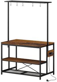 HOMCOM Estante de Cozinha com Tomada de Corrente Estilo Industrial com Prateleiras Ganchos Móvel Auxiliar 116x70x182 cm Marrom Rústico