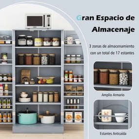Armário de despensa cozinha com 2 portas e 16 prateleiras Dispositivos antivolto Armário moderno para sala de jantar 60 x 40 x 120 cm Cinza