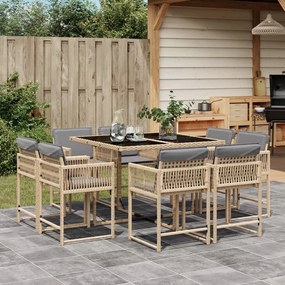 vidaXL 9 pcs conj. jantar jardim c/ almofadões vime PE bege misturado