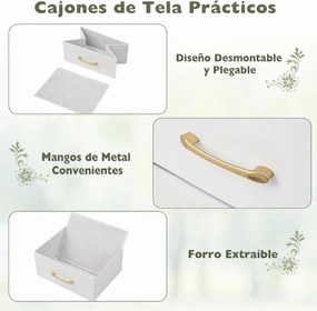 Cómoda de 5 Gavetas, 40,5 x 29 x 110,5 cm, Gavetas de Tecido Removíveis, Branco