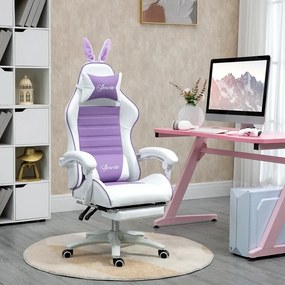 Cadeira Gaming Giratória de Couro PU com Altura Ajustável Inclinável 135° Apoio para a Cabeça 65x63x136-142 cm Branco e Roxo