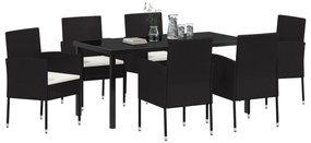 Conjunto de Jantar de Jardim 7 Peças com Almofadas Preto Rattan Poliés