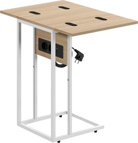 Mesa Auxiliar com Estação de Carga com Tampo Dobrável e Pés Ajustáveis 39x29x57 cm Branco e Madeira