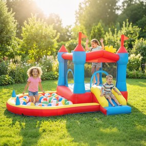 Castelo insuflável com compressor 342 C x 255 L x 209 A cm, parque infantil insuflável com escorregas, trampolim, piscina de bolas, multicolorido