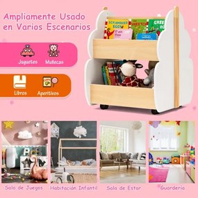 Estante de madeira para crianças com rodas Estante de brinquedos multifuncional de 2 níveis Organizador de livros 52 x 46 x 62,5 cm Branco