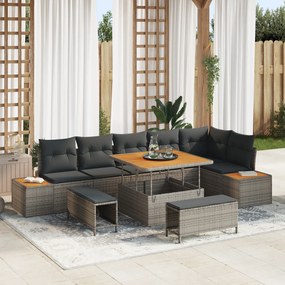 Conjunto de Sofá de Jardim 9 Peças com Almofadas Cinza Poliéster e Acá