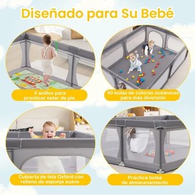 Parque infantil com tapete de jogos Centro de actividades estável não tóxico com bolas Rede respirável com fecho de correr 206 x 147 x 68,5 cm Cinzent