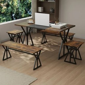 Conjunto de sala de jantar de 5 peças para 4-6 pessoas Mesa de cozinha retangular industrial com 2 bancos e 2 bancos altos castanho