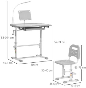 Conjunto de Secretária e Cadeira para Crianças com Altura Ajustável Lâmpada LED 80x49,5x80-105 cm e 36x34x60-73 cm Cinza