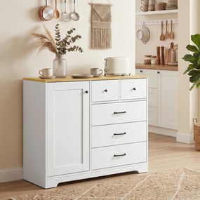 Aparador de cozinha 100 x 40 x 94 cm, móvel de arrumação com 5 gavetas e porta, estilo rústico, branco