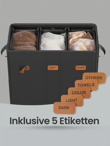 Cesto da roupa suja 160L com 3 compartimentos 64 x 33 x 75 cm, sacos interiores removíveis e laváveis, cesto da roupa com tampa preto