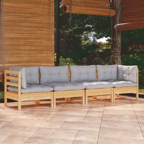 vidaXL 4 pcs conjunto lounge de jardim + almofadões cinza pinho maciço