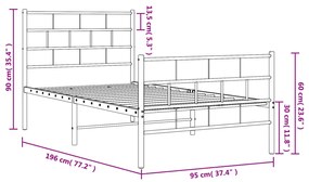 Estrutura de cama com cabeceira e pés 90x190 cm metal branco