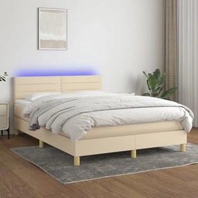 Cama box spring c/ colchão e LED 140x190 cm tecido cor creme