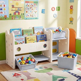Organizador de brinquedos 2 em 1 com estante de 4 caixas e 3 prateleiras 114 x 36,5 x 63 cm, com tema de gatos, para quarto, sala de estar ou quarto d