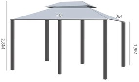Pérgola de Jardim com Estrutura de Aço Teto Duplo 6 Cortinas Laterais 8 Orifícios de Drenagem 300x400x280 cm Cinza
