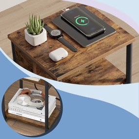 Mesa de apoio,  mesa de cabeceira (CESTO NÃO INCLUIDO) com com 2 tomadas e 2 portas USB 30 x 34 x 58 cm castanho rústico e preto