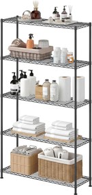 Estante de metal e plastico 30 x 90 x 161 cm, prateleiras ajustáveis, estante de arrumação com 5 níveis para garagem preto