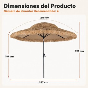 Guarda-sol de Palha Tiki , 250 x 250 x 215 cm, Inclinável a 30 Graus, Castanho