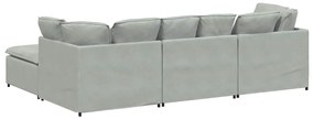 Sofá modular com pufes e almofadas veludo cinzento-claro