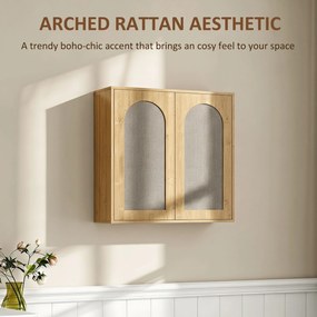 Armário de parede para casa de banho em estilo boémio 60 (L) x 30 (P) x 60 (A) cm, com 2 portas com efeito de rattan e fecho suave, e prateleira ajust