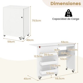 Mesa de costura dobrável com prateleira, 3 compartimentos ocultos e rodas bloqueáveis, 118,5 x 40 x 79,5 cm, Branca