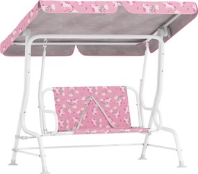 Baloiço de Jardim Exterior Infantil de 2 Lugares com Toldo Ajustável, Cintos de Segurança e Design de Unicórnio e Arco-Íris Rosa