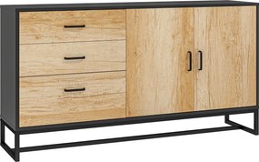 Aparador de sala de estar com 3 gavetas e prateleira ajustável 140 x 35 x 75 cm, pés em aço, puxadores em liga de alumínio acabamento em cor de madeir