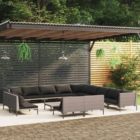vidaXL 14 pcs conj. lounge jardim c/ almofadões vime PE cinza-escuro