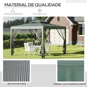 Outsunny Pérgola de Jardim 3x3m Pérgola com 4 Redes Mosquiteiras Laterais com Zíper Teto de Ventilação e 8 Orifícios de Drenagem Pérgola para Terraço Pátio Exterior Verde