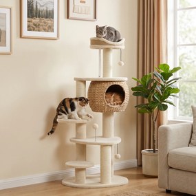 Árvore para Gatos de 4 Níveis, 60 x 48 x 132 cm, Casa em Junco Entrançado à Mão, Bege