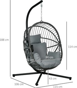 Cadeira Suspensa com Suporte Jardim Cadeira Baloiço de Exterior com Cesta Dobrável Almofada e Apoio para a Cabeça 120x106x188 cm  Cinza