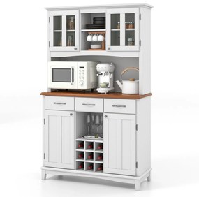 Armário de cozinha com vidro temperado com suporte para garrafas de vinho Estantes ajustáveis 106 x 41,5 x 184,5 cm Branco