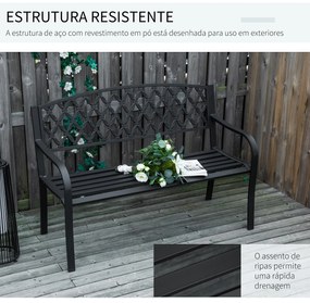 Outsunny Banco de Jardim de 2 Lugares com Encosto Decorativo e Apoio para os Braços para Terraço Varanda Pátio Exterior Carga 280kg Ferro Fundido e Aço 128x58,5x89cm Preto