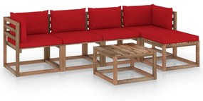 6 pcs conjunto lounge para jardim com almofadões vermelhos