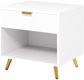 HOMCOM Mesa de Cabeceira Moderna com Gaveta Puxador Dourado e Compartimento Aberto 50x40x47 cm Branco