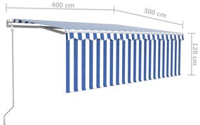 Toldo automático c/ estore/LED/sensor de vento 4x3m azul/branco