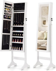 Armário para Joias de Pé com Espelho de Corpo Inteiro, 40 x 36 x 156 cm, Fecho com Chave, Branco