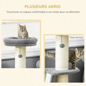 Árvore para gatos com arranhador em forma de tronco de sisal, bolas suspensas e plataforma de observação, altura 92 cm - cinzento