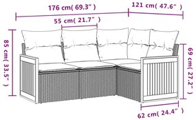 4 pcs conjunto de sofás para jardim c/ almofadões vime PE bege