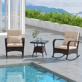 Conjunto de 2 Cadeiras de Baloiço e Mesa de Jardim, 84 x 67 x 86 cm, Estrutura em Rattan PE, Castanho