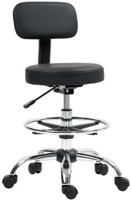 Banco Giratório com Rodas e Encosto Apoio para Pés Altura Ajustável Estofado em Couro Sintético 52x52x78-92 cm Preto