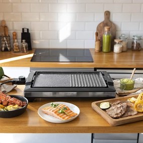 Grelhador elétrico com acabamento em aço inoxidável Tasty&Grill 2000 Inox MixStone, termóstato regulável, placa antiaderente