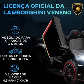 Carro Elétrico Lamborghini 12V Velocidade Máxima 7 km/h com Controlo Remoto MP3 Luzes e Cinto de Segurança 111x61x45 cm Preto